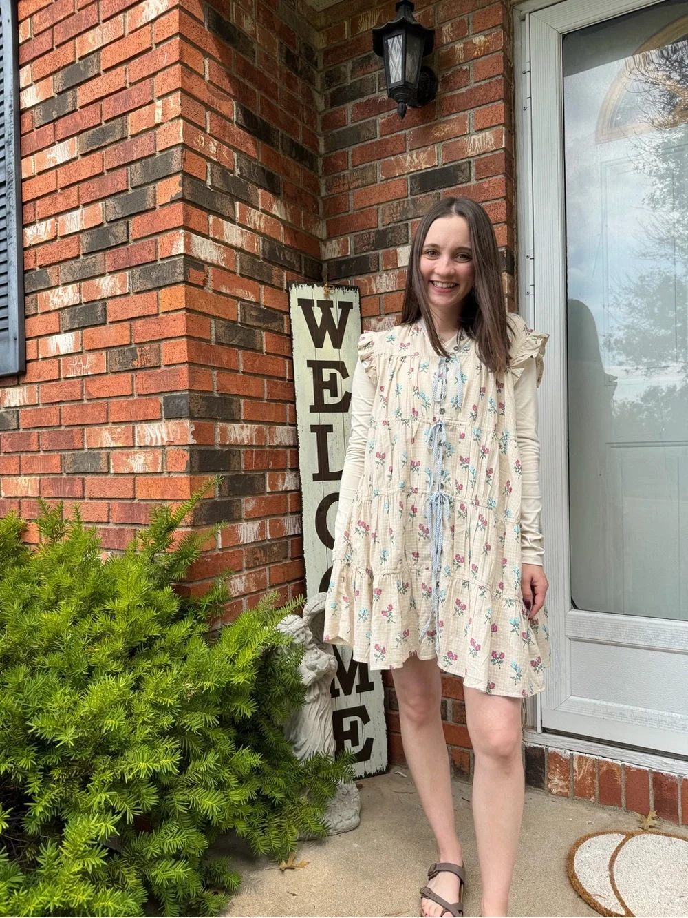 Free People Cream Floral Mini Dress with Pink and Teal Accents